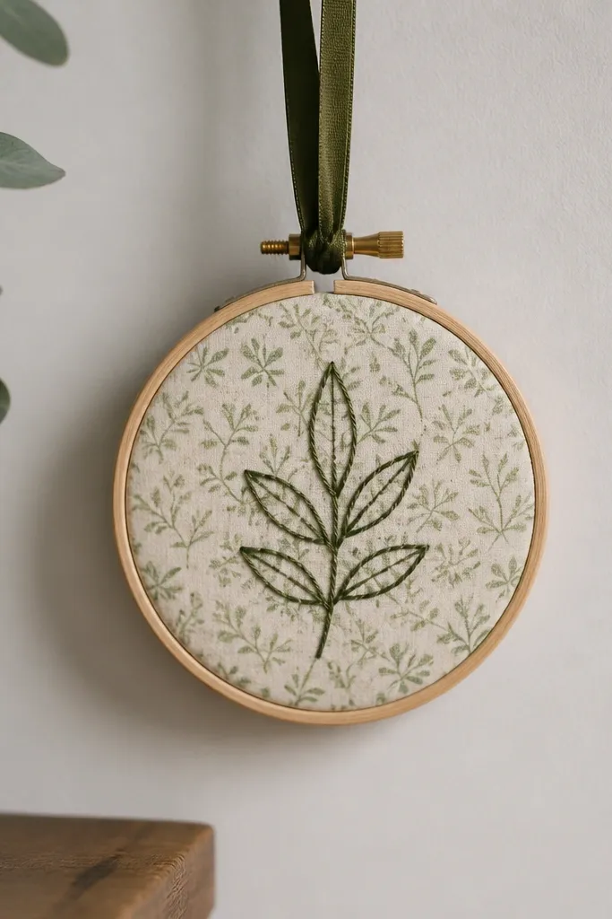 A small embroidery hoop frame holding a fabric print background. A hand-stitched simple leaf outline sits in the center, and the hoop hangs from a ribbon.