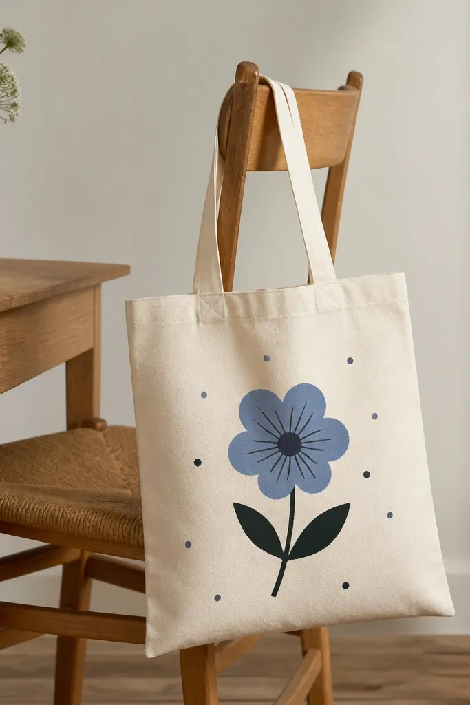 A plain canvas tote bag painted with a simple hand-drawn flower and small dots. The ink looks crisp, with a clean border around the design. The bag is shown hanging from a chair.