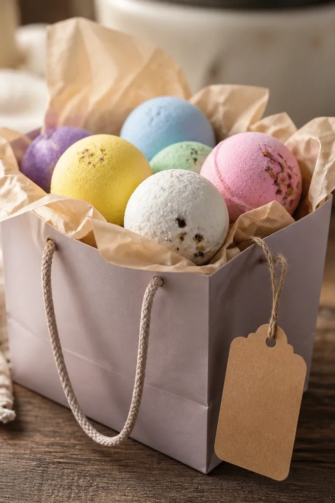 A small gift bag filled with several mini bath bombs wrapped in tissue. Each bath bomb has a different color, and the bag has a kraft label tag with handwritten text.