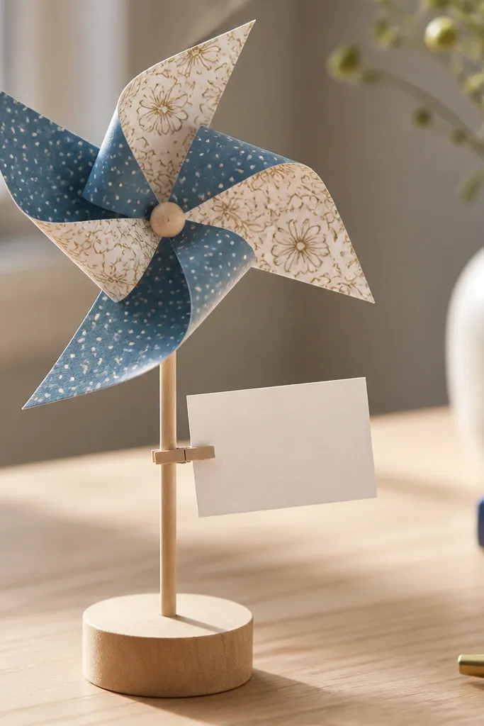 A desk pinwheel made from patterned paper, mounted on a small stick. A tiny photo caption card is attached beside it, and the pinwheel has a two-tone color pattern.