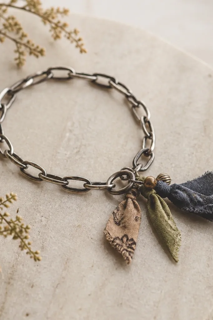 A bracelet made from small metal chain segments with a few fabric scrap charms. The fabric pieces are tied into knots and hang from a clasp, with a couple of tiny metal beads.