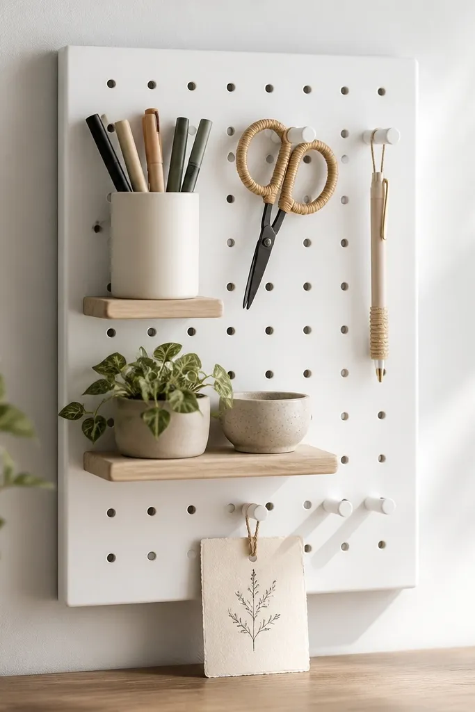 A small pegboard painted matte white with three hooks and two mini shelves. It holds pens, a pair of scissors, and a small plant. A handwritten label sits on the bottom.