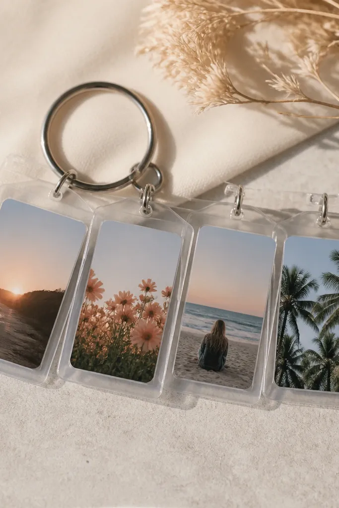 A set of small laminated photo strips clipped to a metal keychain ring, with four tiny rectangular photos in a neat row and a matte clear finish that reflects light softly.