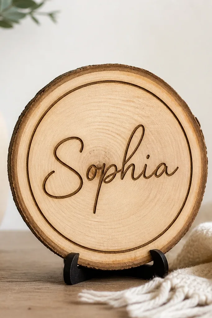 A small round wood slice on a stand with a burned outline of a name in the center, a light wood grain background, and a thin black border around the text.