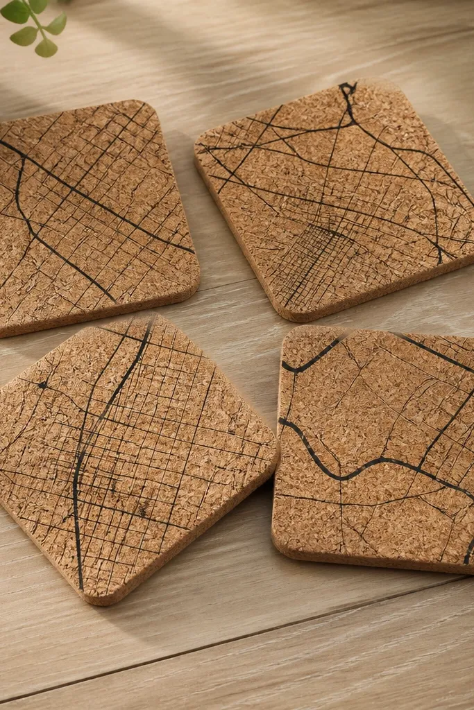 Four cork coasters on a table with thin black map-line graphics running diagonally across each coaster, finished with clear protective coating.