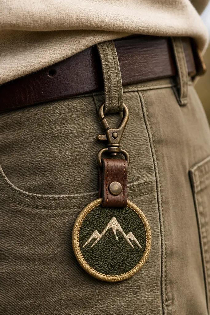 A small embroidered patch with a simple icon and a stitched border, attached to a leather strap that clips onto a belt loop.