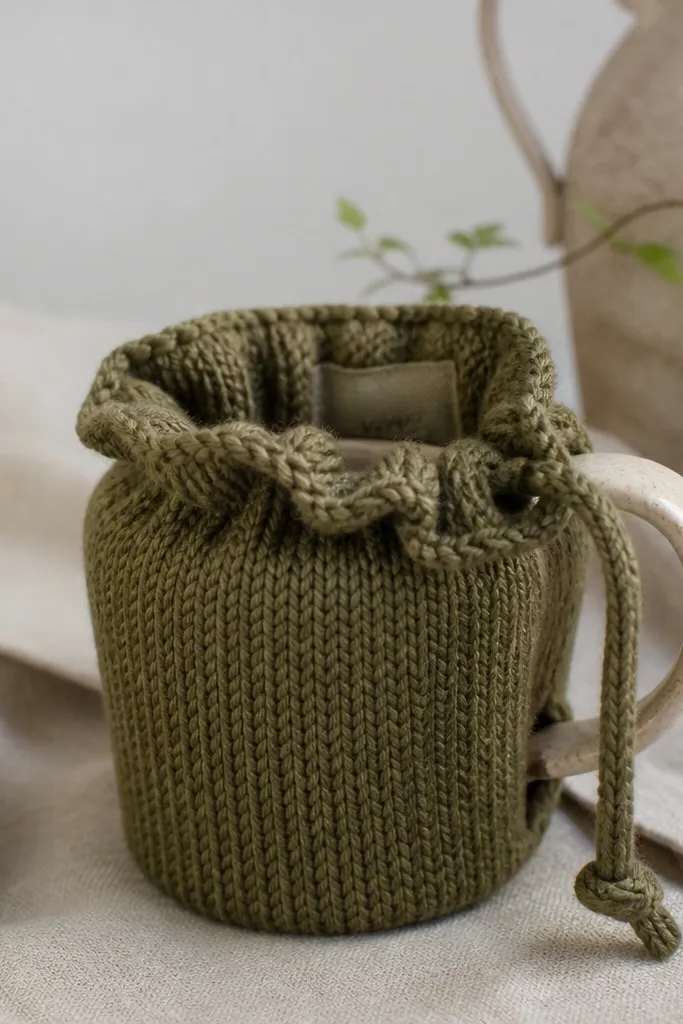 A handmade mug cozy with a cinched top and a drawstring, made from thick knit fabric in a muted olive color, with a small stitched label inside.