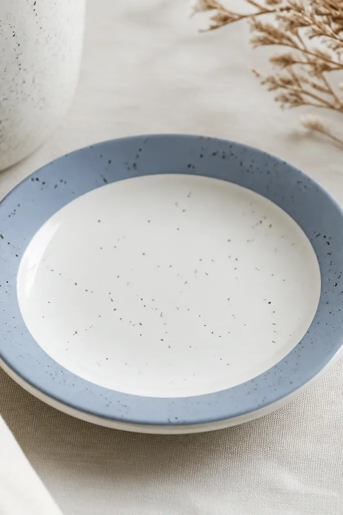 A small white ceramic dish painted with a matte color band around the rim and tiny speckled dots in a contrasting shade, with a glossy clear finish.
