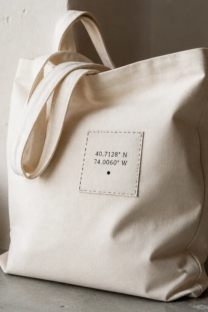 A canvas tote bag with a small stitched patch on the front showing black coordinate numbers and a tiny dot, plus a simple stitched border.