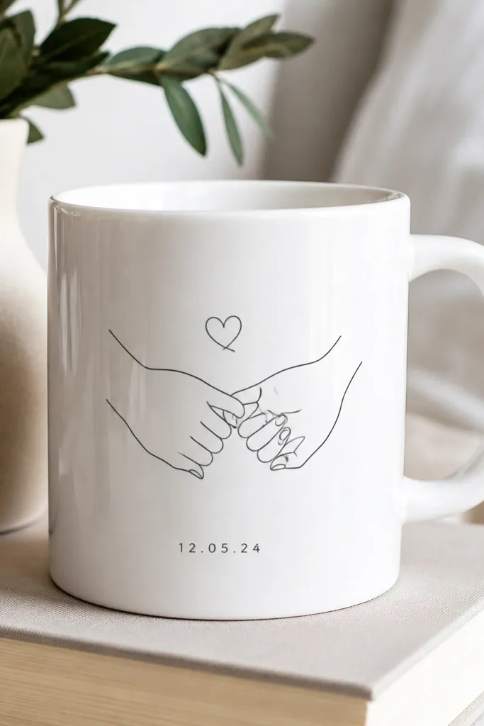 A white mug with a vinyl wrap around the side showing a simple line drawing and a short date, sealed with a clear glossy topcoat for a smooth feel.