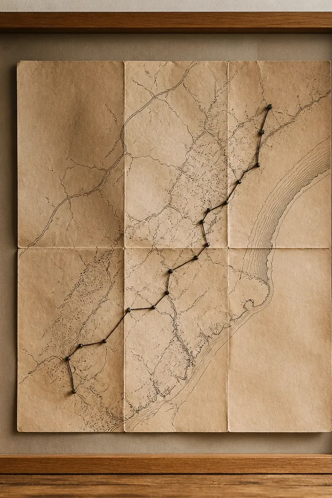 A kraft paper folded map-style letter inside a simple wooden frame, with black ink routes and a small pinned route line.