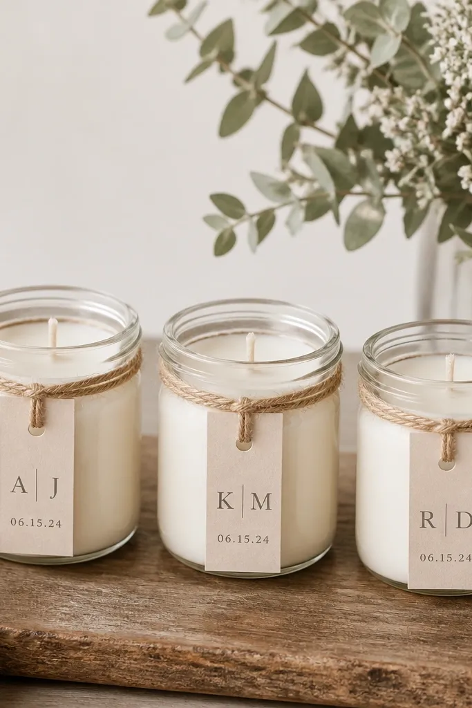 Three small candle jars with matching label strips showing initials and a date, plus a strip of twine at the neck.