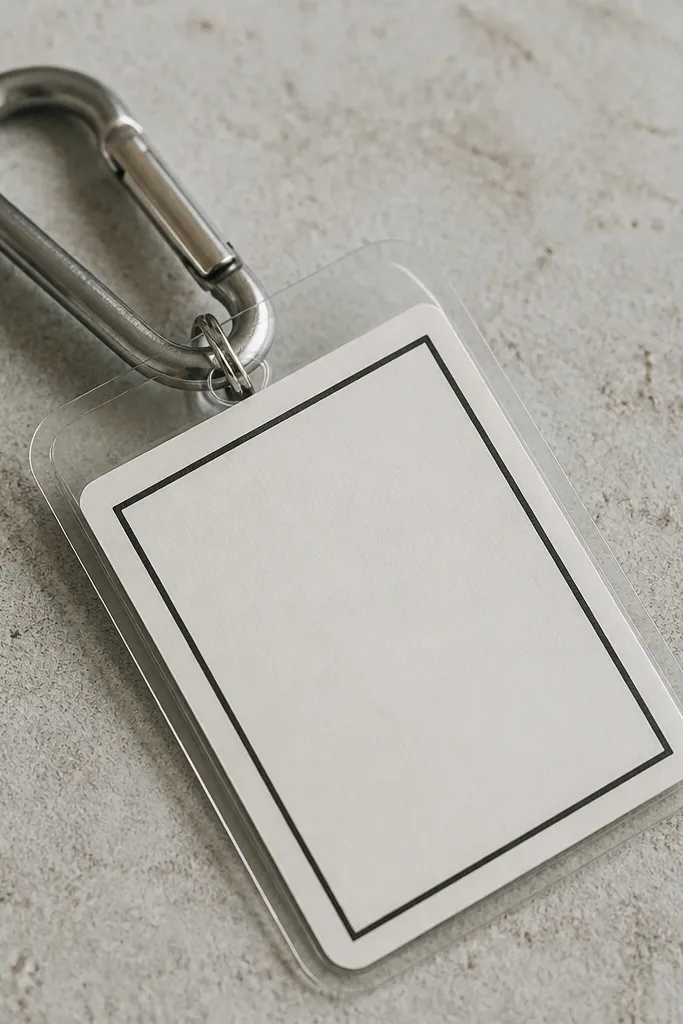 A metal carabiner key clip holding a small printed message card protected in clear plastic, with a bold black line border.