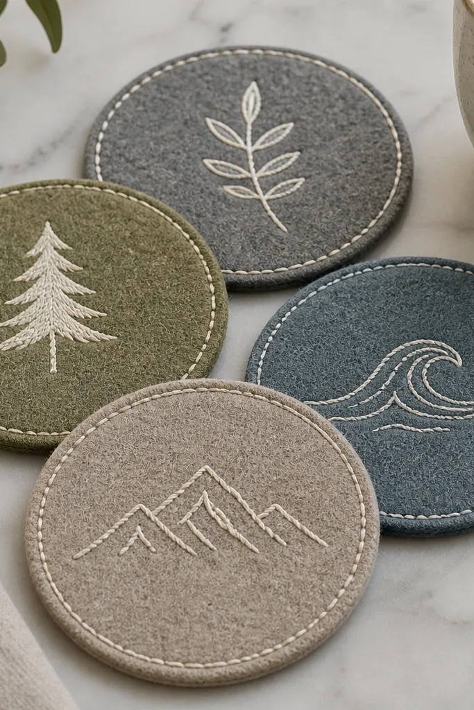 Four felt coasters in muted colors, each with a simple stitched icon in contrasting thread, and a slightly raised stitched border.