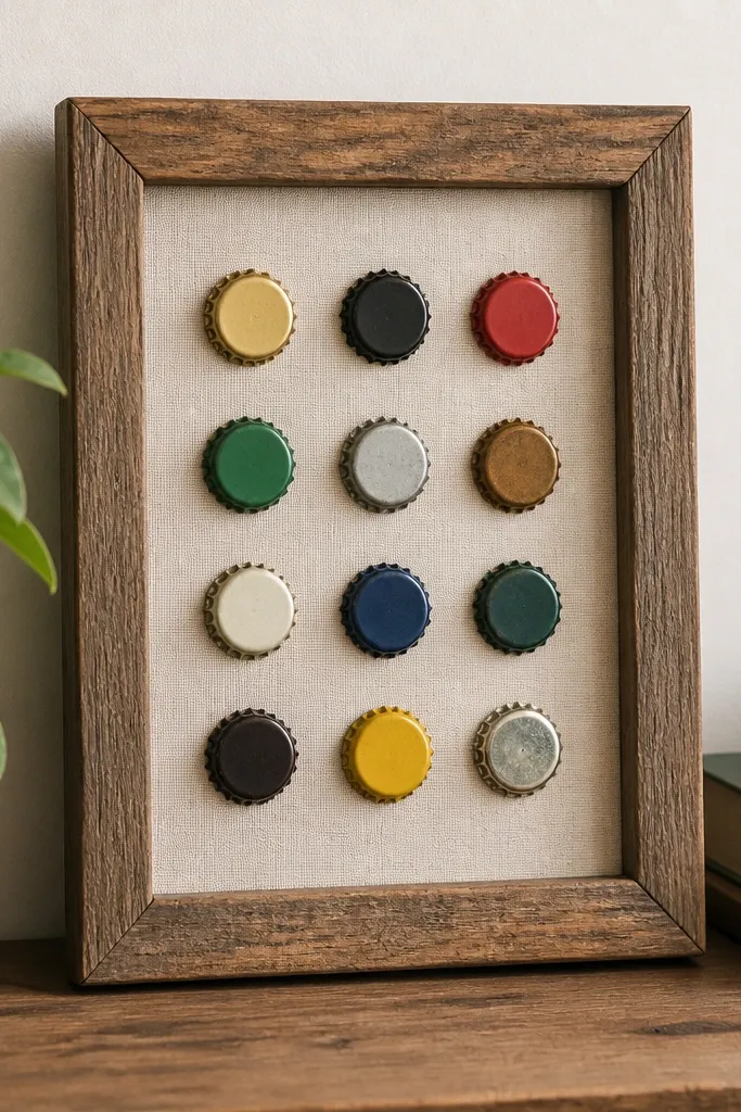 A small rectangular frame holding several beer caps with magnets behind them, arranged in a neat grid with a handwritten label on top.