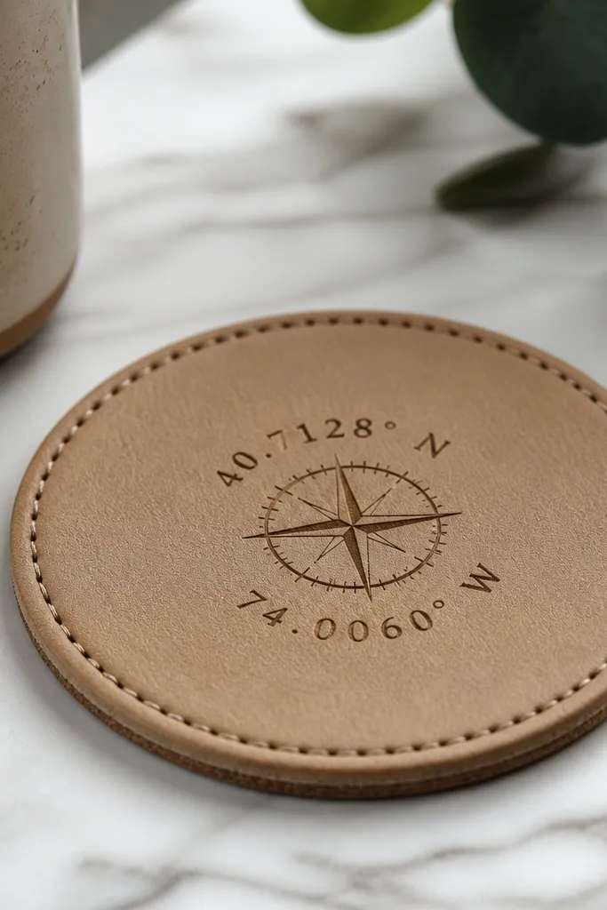 A single coaster made from tan faux leather wrapped and stitched around a cork base, with stamped coordinates in dark brown ink.