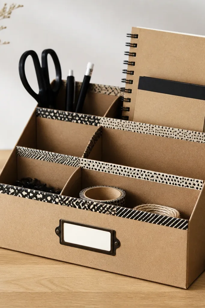 A small cardboard desk organizer with clean dividers, lined with patterned washi tape strips in black and cream, and a label on the front.