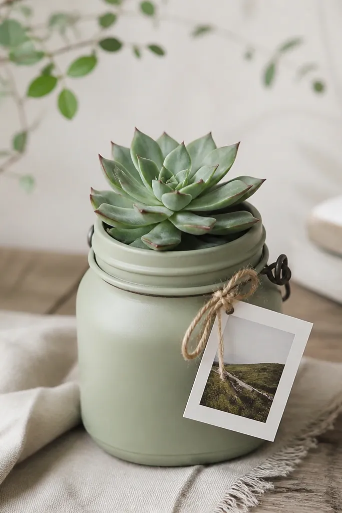 A small painted mason jar planter in a soft matte color with a tiny photo tag tied to the handle, holding a small succulent.