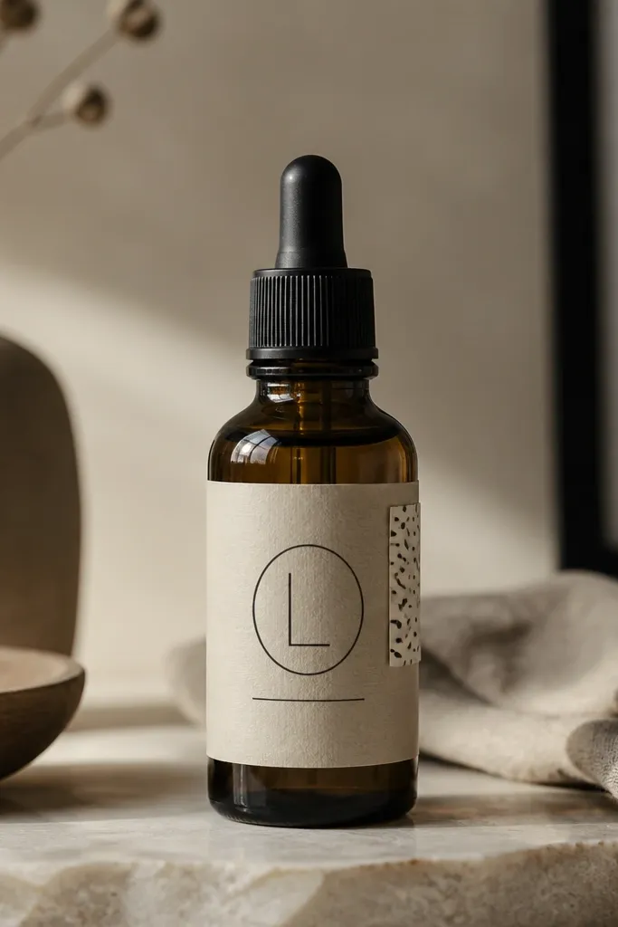 A bottle of beard oil with a custom label wrap showing a simple monogram and a short sentence, plus a small strip of patterned tape on the side.