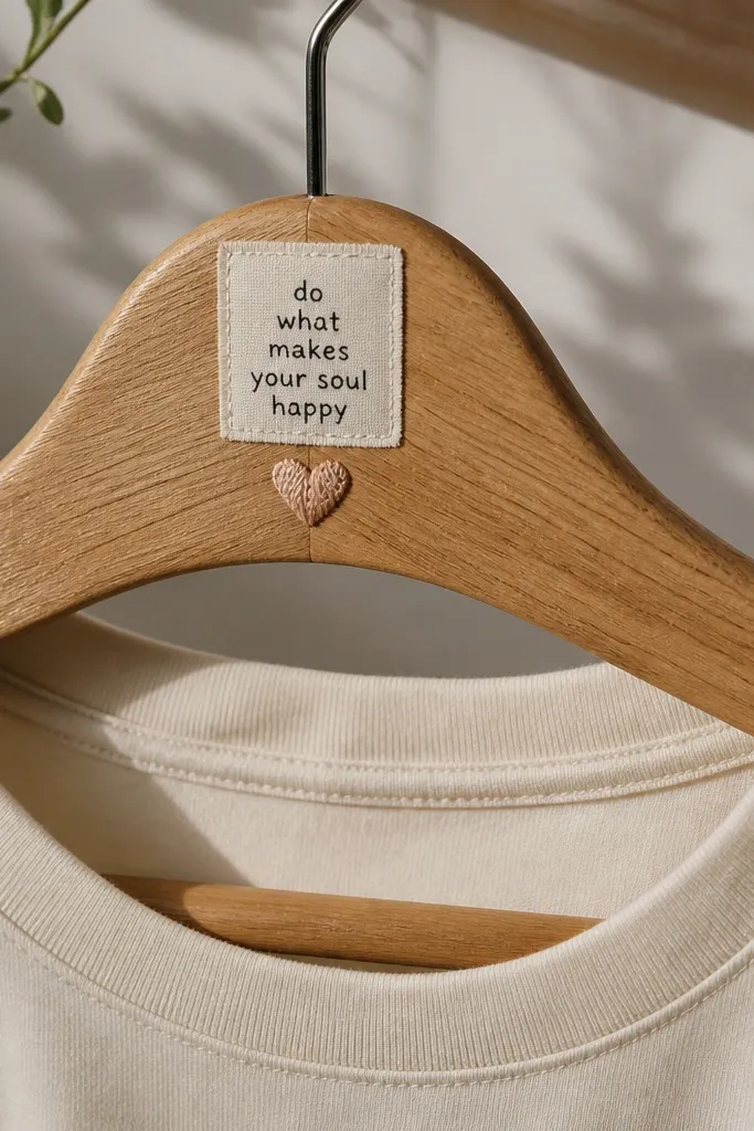 A wooden hanger with a hand-lettered or screen-printed quote on a small fabric patch, plus a small stitched heart icon, hanging a plain shirt.