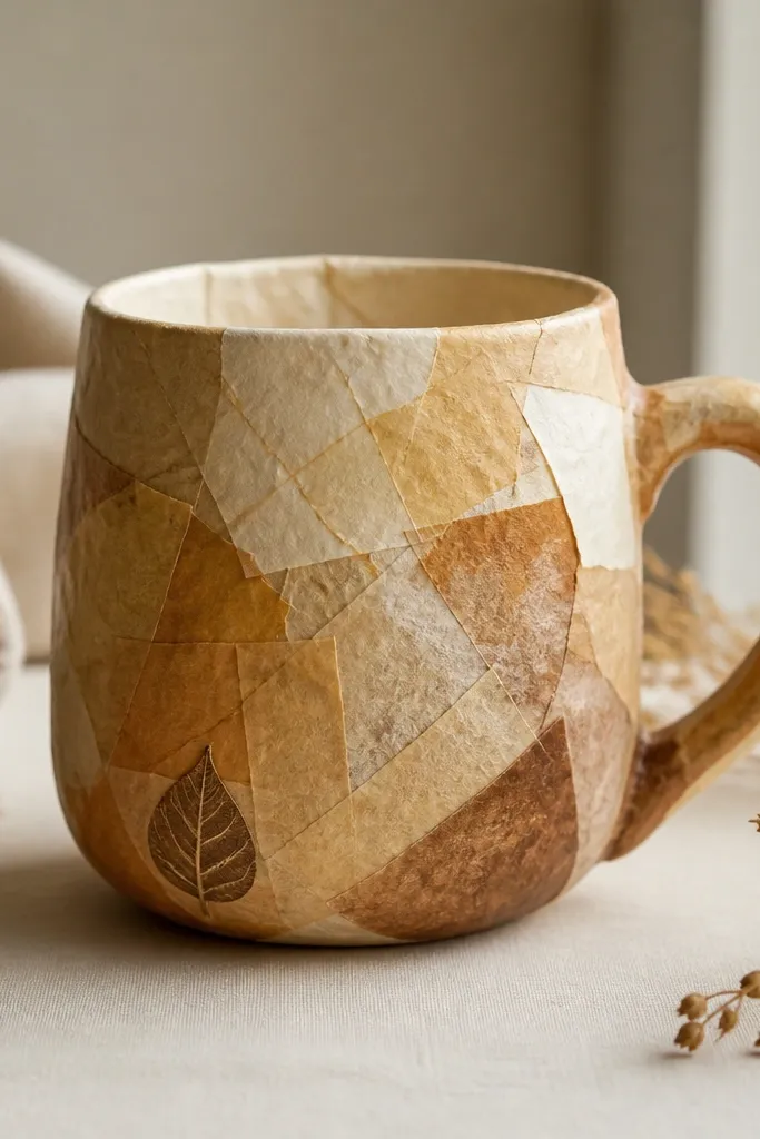A cream mug covered in layered tea-bag paper textures in honey, cinnamon, and dusty brown, with a small stamped leaf shape near the base.