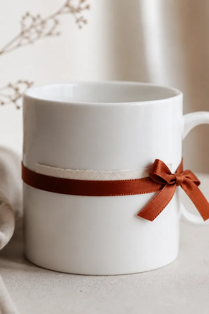 A white mug wrapped in a narrow rust-colored satin ribbon around the middle, with a small bow on the side. A thin strip of textured paper peeks from under the ribbon like a bookmark.