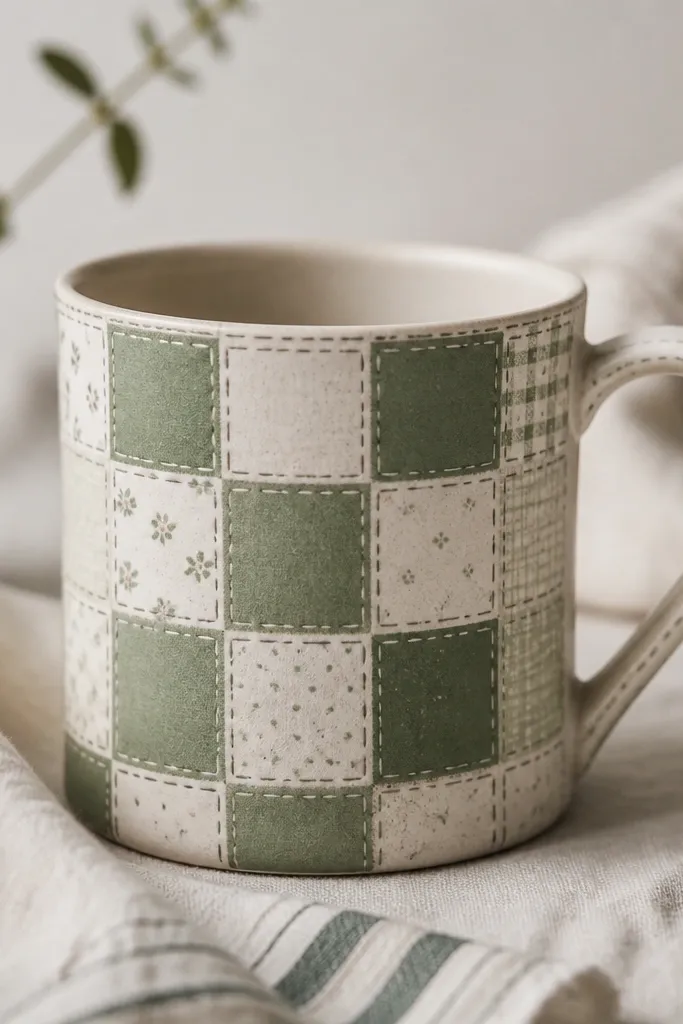 A mug with small fabric patch squares in muted green and off-white, arranged like a quilt. The surface looks smooth, not thick, with a tiny stitched line drawn by hand.