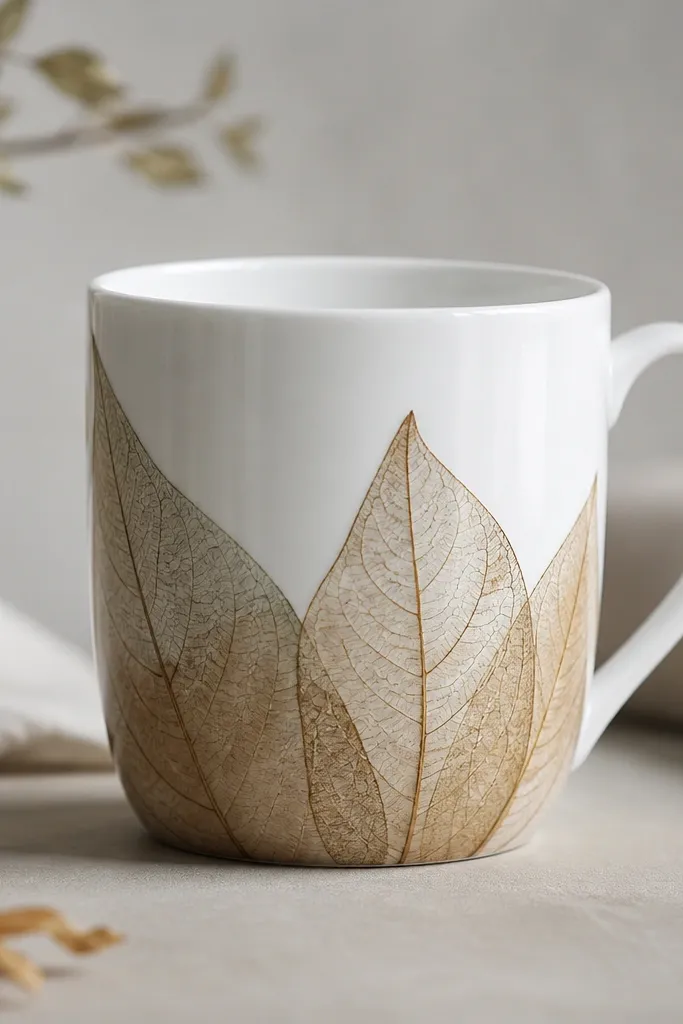 A white mug with a delicate pressed leaf silhouette wrapped around the lower half, showing visible leaf veins. The leaf area has a glossy clear finish.