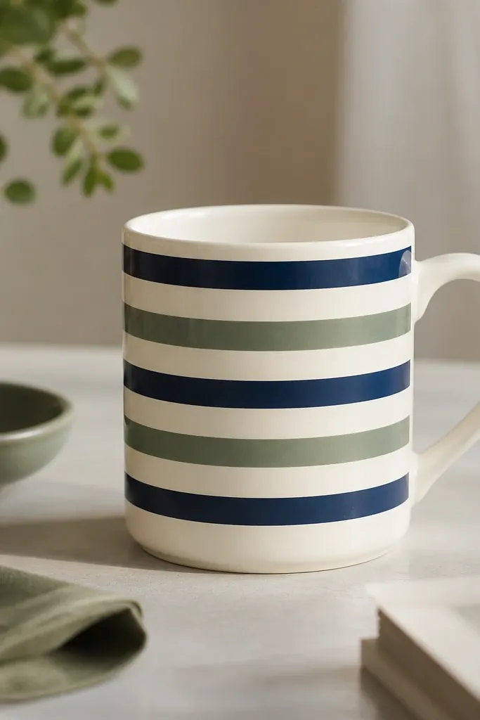A mug with crisp horizontal stripes in cream, sage green, and muted navy. The stripes are evenly spaced and the handle is left clean.