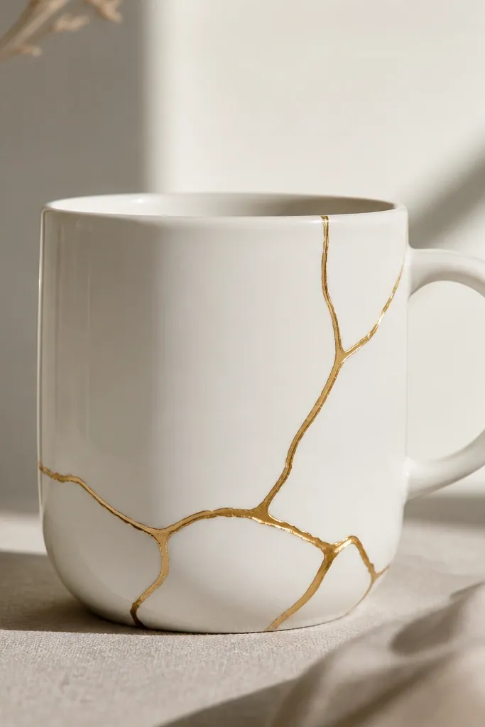 A white mug with thin, irregular crack lines drawn in metallic gold around the base and up one side. The lines are glossy and slightly raised.