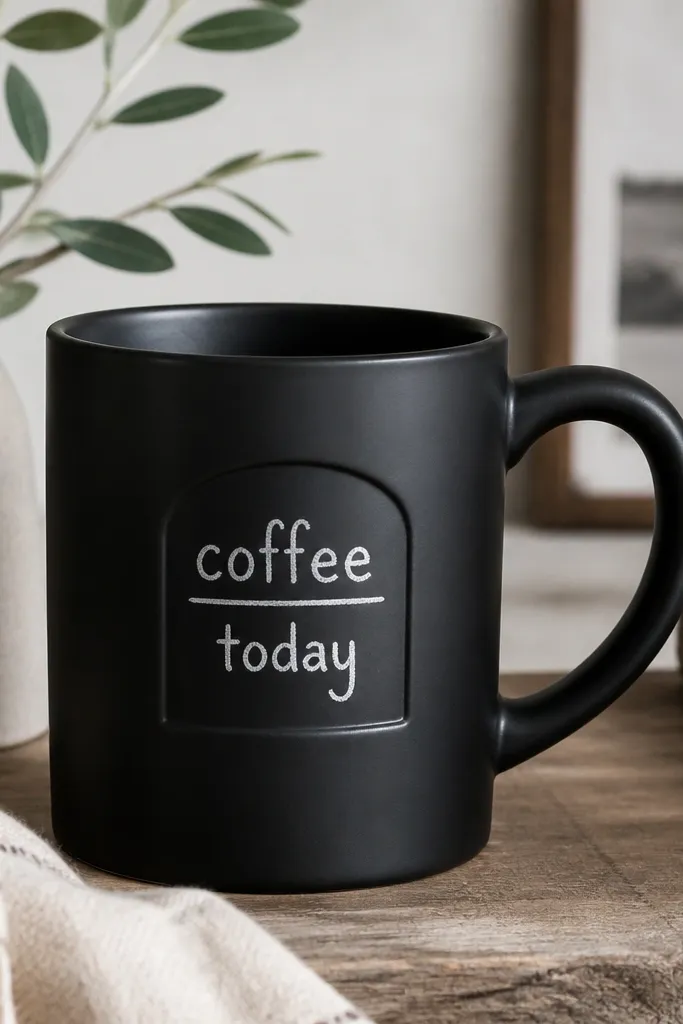 A mug painted matte black with a small arched label area. White chalk marker text reads "coffee" and "today" in neat handwriting.