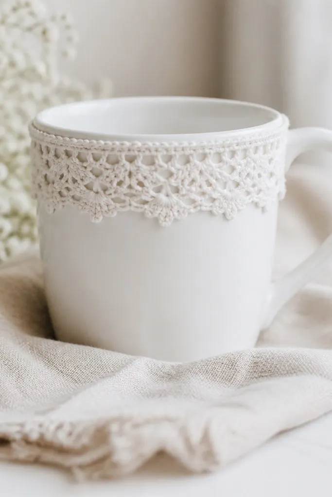 A mug with a delicate white crochet lace band glued around the rim area, with the lace pattern visible. The rest of the mug stays white and clean.