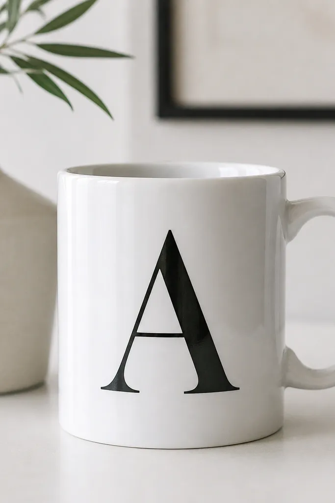 A white mug with a single large vinyl monogram in matte black on the front. The rest is clean, with a glossy finish across the vinyl area.