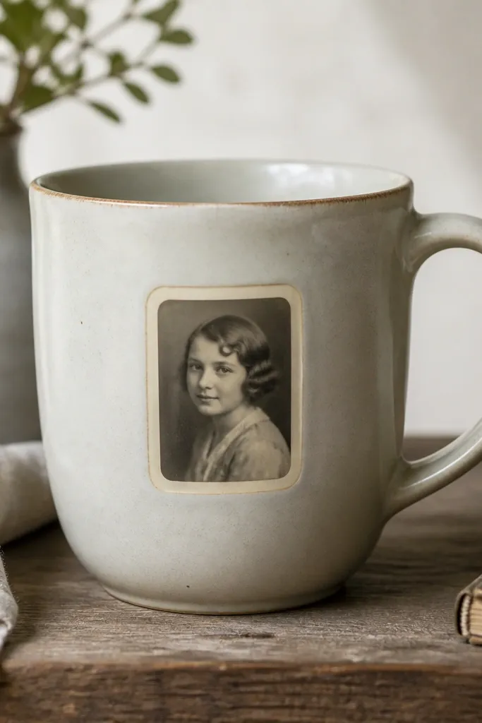 A mug showing a small vintage-style portrait photo on the side, framed with a thin cream border. The photo looks embedded, not stuck on top.