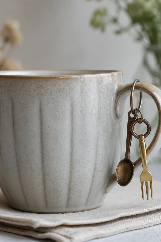 A mug with a small charm cluster hanging from a loop on the handle: a miniature brass spoon, a tiny key ring, and a fork-shaped metal piece painted pale gold.