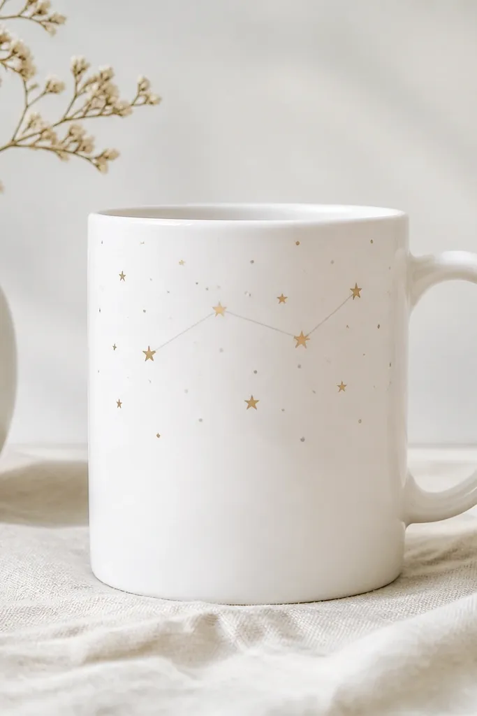 A white mug with scattered tiny star dots in pale gold and a few lines connecting them in thin silver. The constellation sits in the upper half.