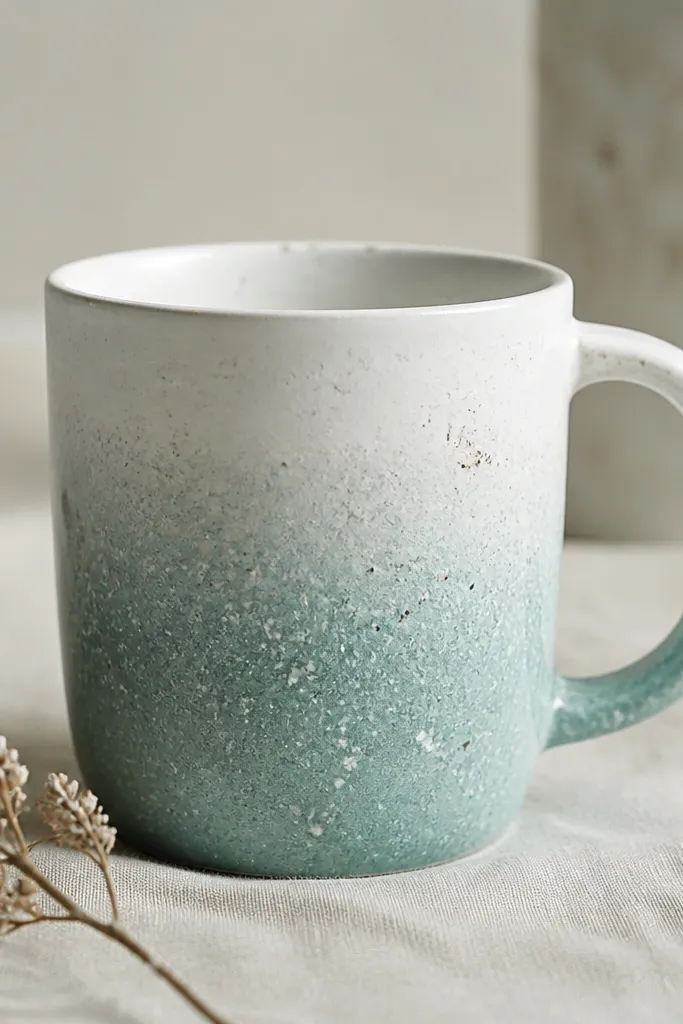 A mug fading from white at the top to dusty teal at the bottom, with a speckled texture where sea salt crystals were sprinkled. The finish looks airy and grainy.
