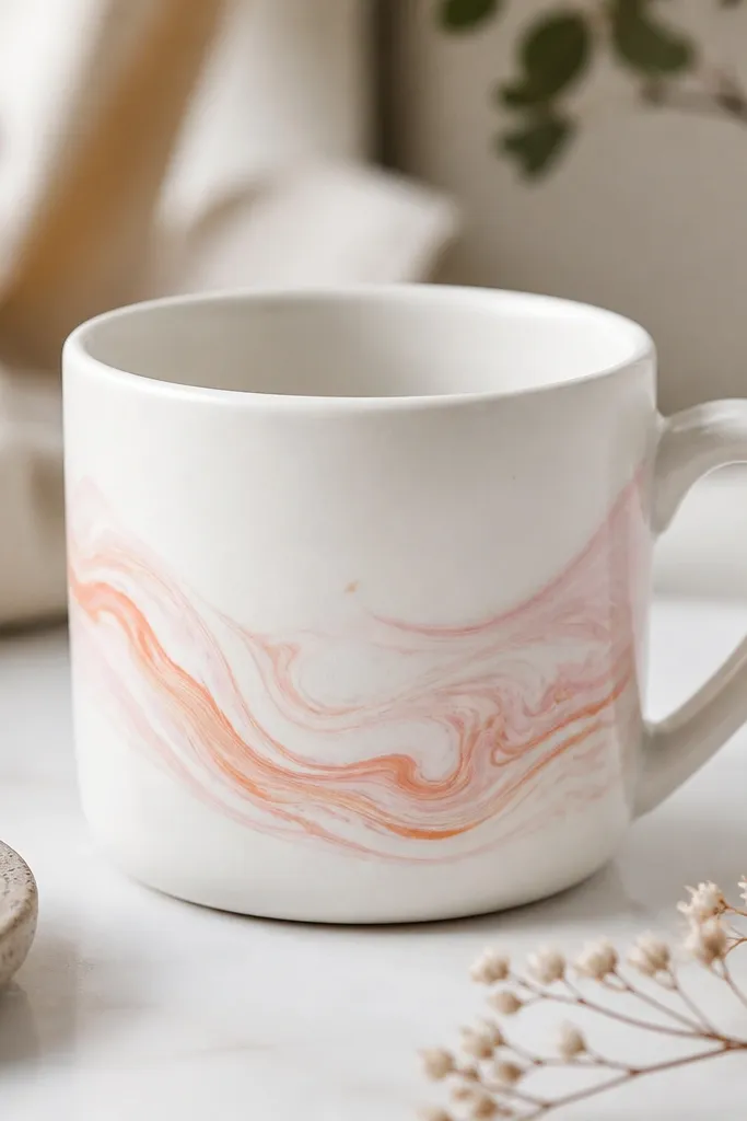 A white mug with a marbled swirl pattern in soft pink, peach, and pale coral. The design wraps around the side like a thin wave.