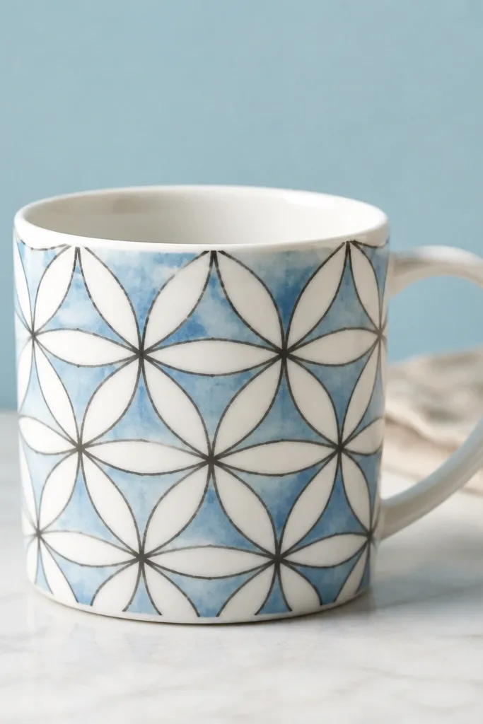 A white mug with a repeating geometric pattern where black marker lines resist dye. The background is light blue with crisp white shapes inside.