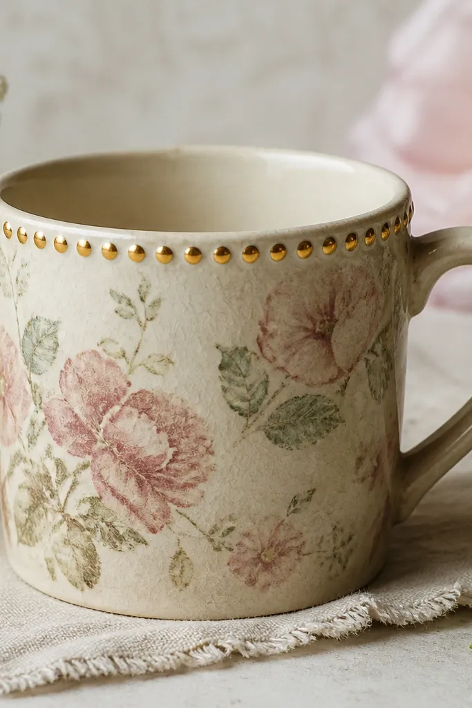 A thrifted mug with a worn floral pattern, upgraded with a neat gold dot line around the top rim. The dots look evenly spaced and glossy.