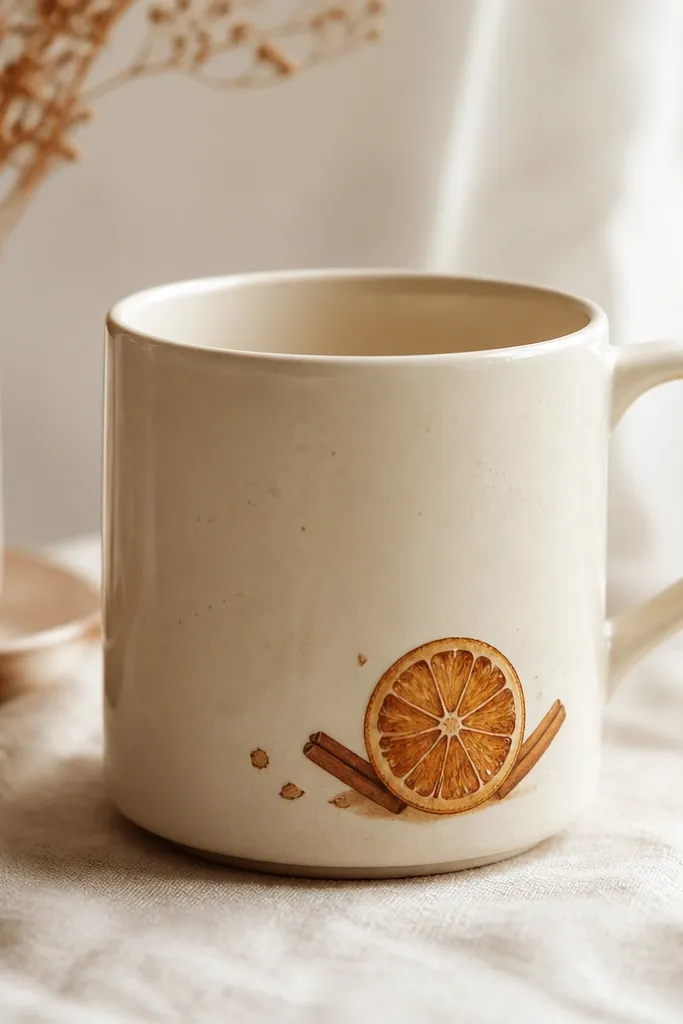 A mug with a small dried orange slice graphic in warm amber tones on the lower side, plus tiny cinnamon stick shapes. The surface looks smooth and sealed.