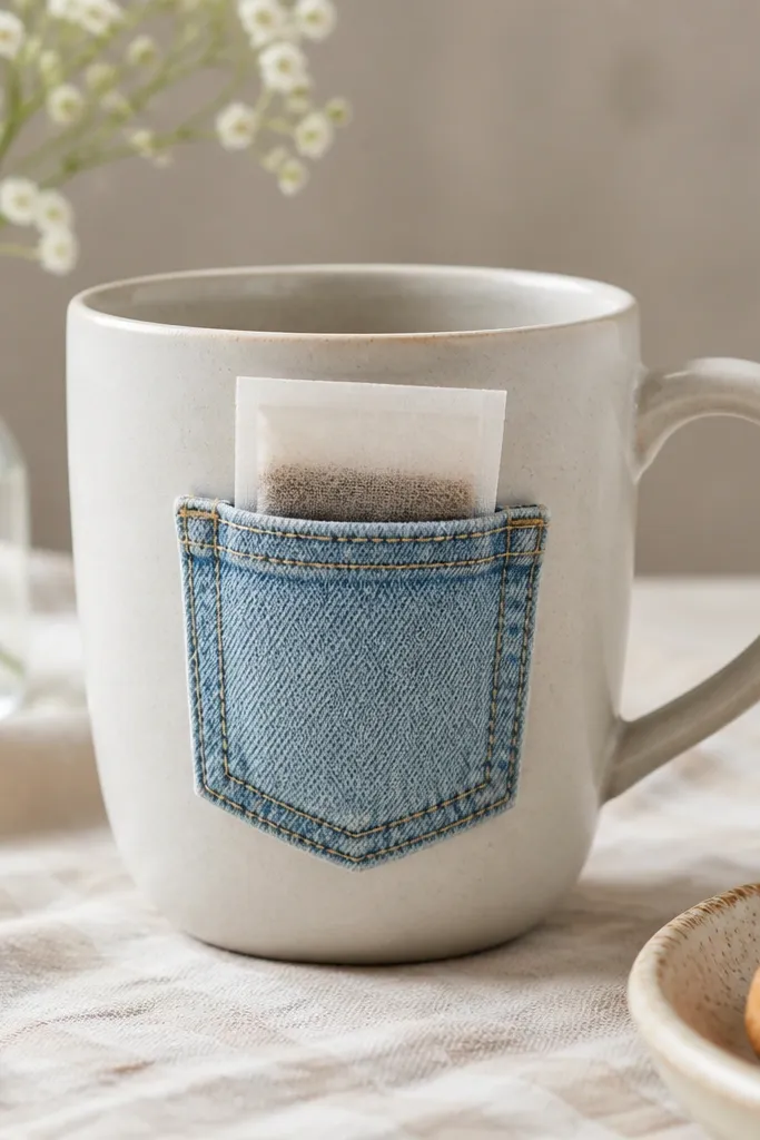 A mug with a small denim pocket glued on the front holding a tea sachet. The denim is light-wash, with visible stitching and a neat top edge.