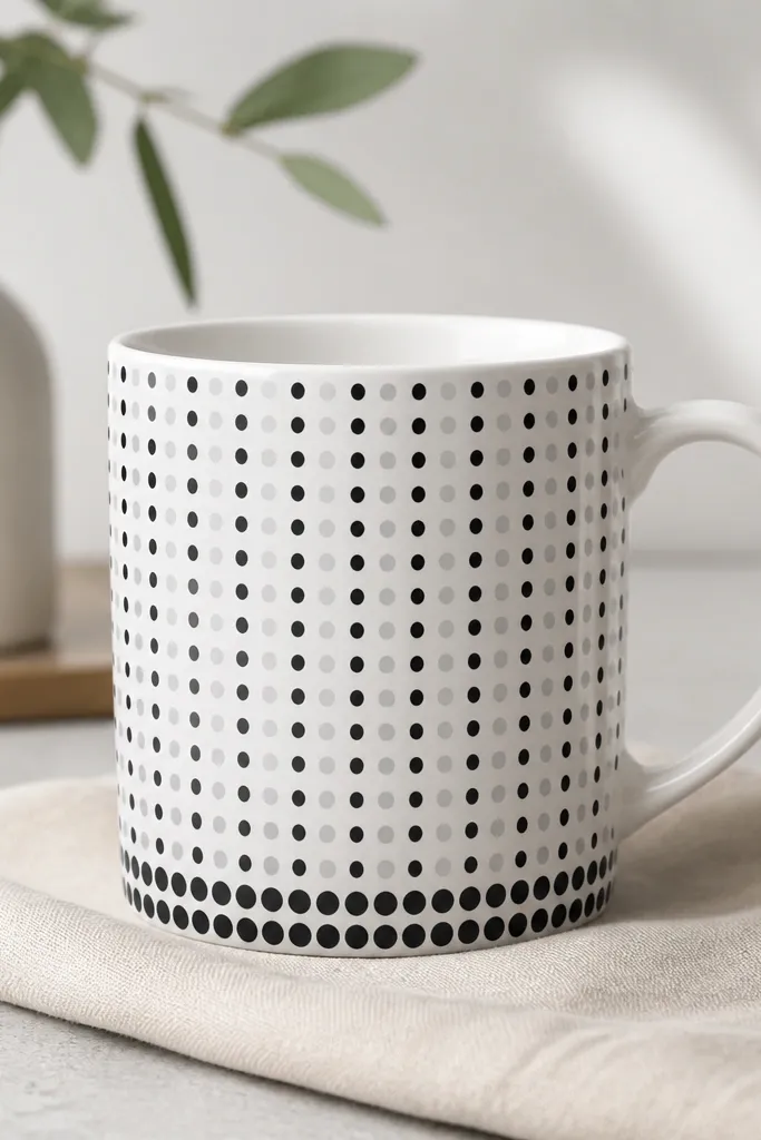 A white mug covered in a neat dot grid in black and gray, with a thicker border of dots around the base. The pattern is perfectly aligned.