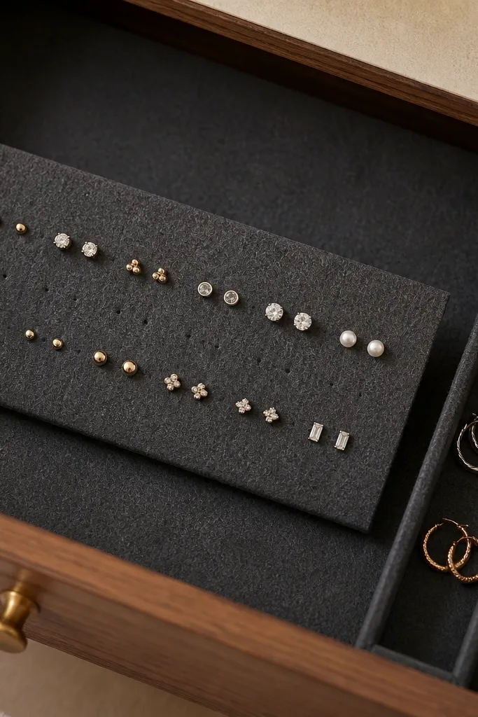 A drawer insert lined with charcoal gray felt. On top sits a rectangular felt strip with two rows of small holes, each hole holding a stud earring post. A few pairs of hoops are placed in a narrow side channel made from folded felt.