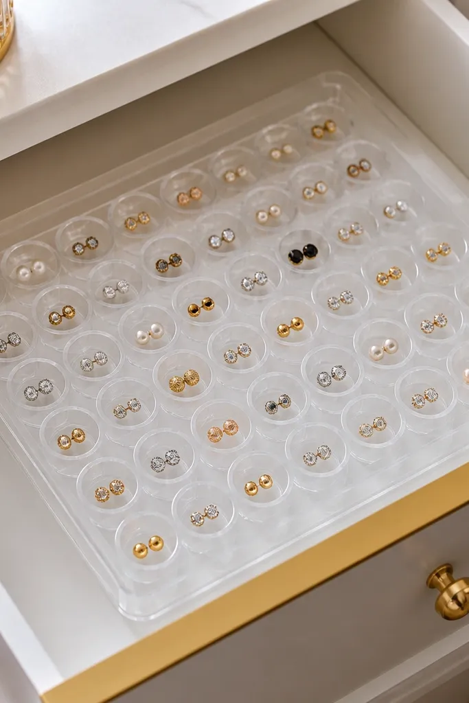 A shallow clear acrylic tray with a grid of small rounded cups. Each cup holds one stud earring. The tray sits inside a white drawer liner with a thin strip of gold contact paper along the front edge.