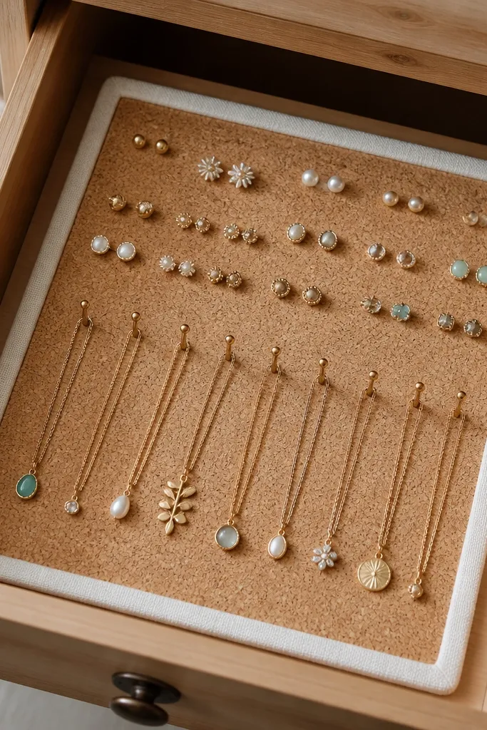 A cork board panel inserted into a drawer liner. Tiny pushpins hold stud earrings by their posts, and small hooks hold short pendant necklaces. The cork texture is visible and the board is framed with a thin strip of white fabric tape.