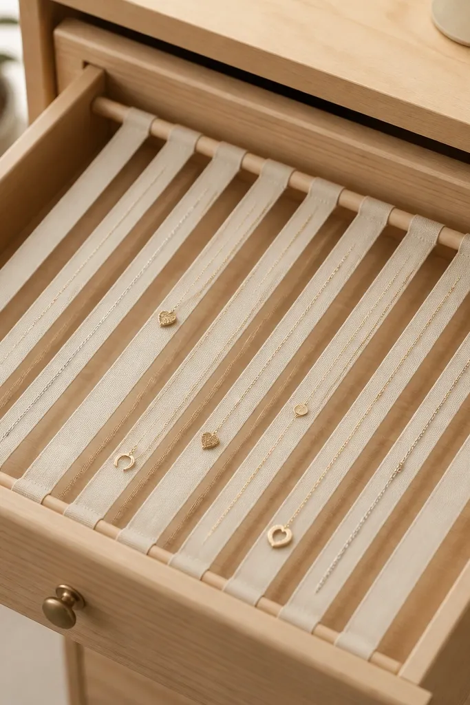 A drawer organizer where two short dowels sit across the width of the drawer. Between them, fabric strips form a hammock grid. Necklaces lie over the strips in separate lanes, with each chain resting flat and not touching others.
