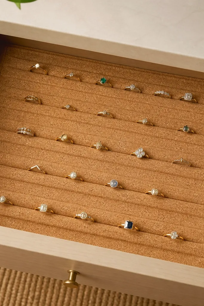 A cork sheet cut to drawer size, with shallow U-shaped channels carved for rings. Rings sit inside the channels in neat rows. The cork has a natural warm tan color with a sealed matte finish.