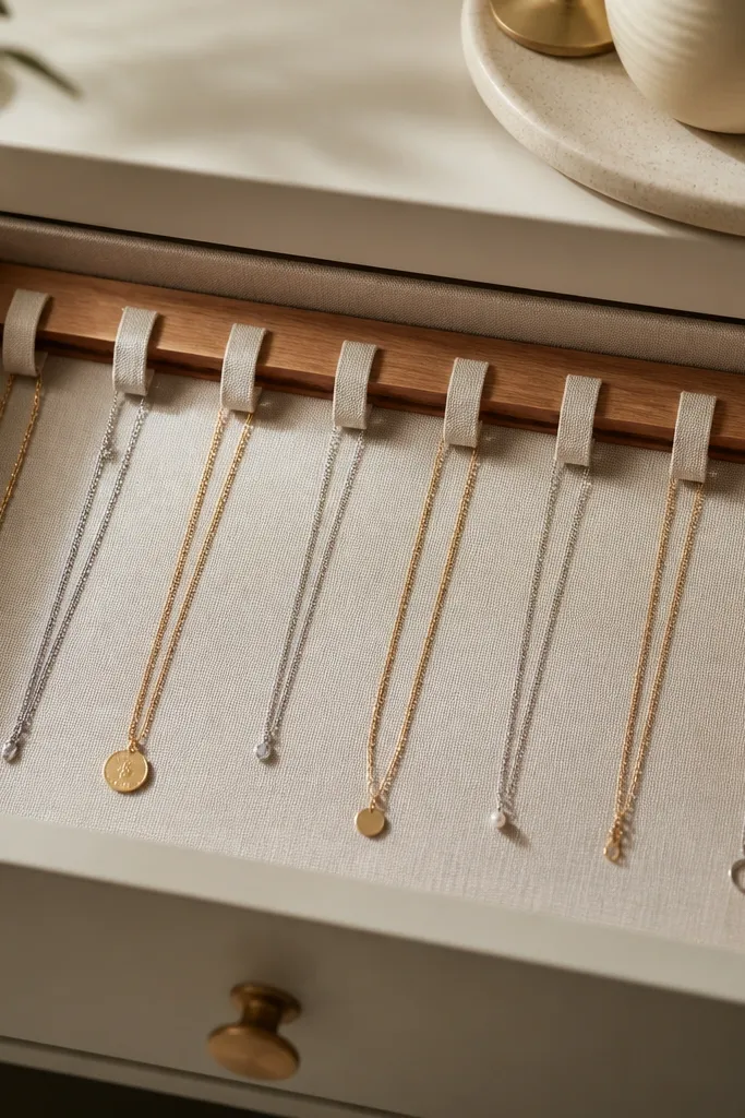 A drawer insert with a thin wooden bar across the back. Soft fabric loops hang from the bar, each loop holding a necklace by one end. A long necklace chain lies straight in front, not tangled.