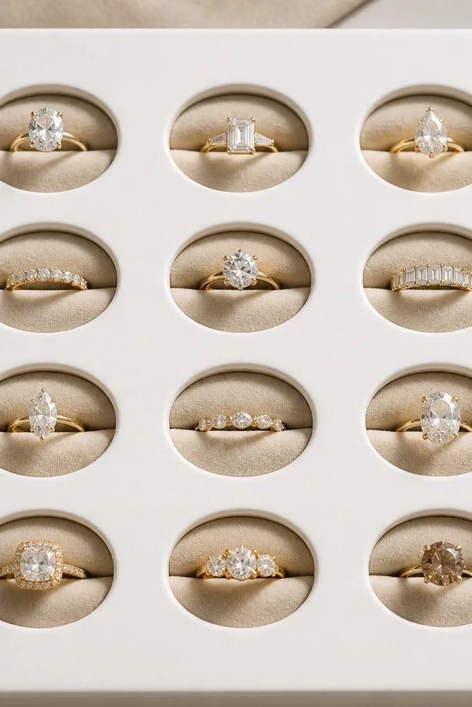 A white insert panel with twelve oval ring wells. Each well has a cut groove pattern and a soft beige felt lining. Rings sit upright in the wells, with visible bands and stones.